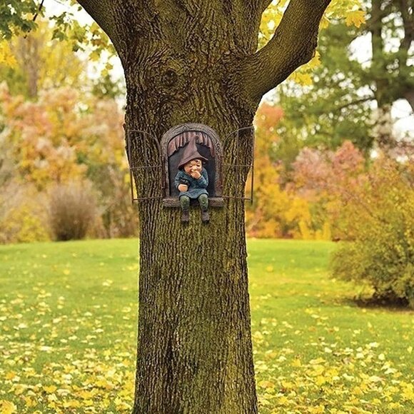 NEW Garden Gnome Statue, Elf Out The Door Tree Hugger -5.9", Funny Garden Tree - Picture 5 of 8